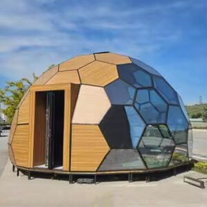 7m 8m Wooden Honeycomb Shaped Glass Dome Wood Grain Hexagonal Double-Layered Tempered Glass Geodesic Dome for Trade Show Tent