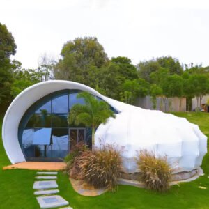 Prefab Outdoor Luxury Inspired Container House with PVDF Tensile Architecture Membrane Structure Conch Shape Hotel Glamping Tent