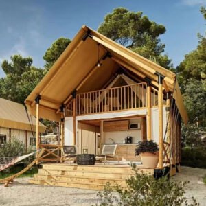 Professional Customized Outdoor Waterproof PVDF Wooden Pole X-shaped Nomad Double-decker Tent Hotel Room Canvas Tent Luxury Living Resort Glamping Safari Camping Tents