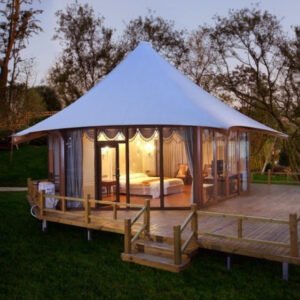 Customized High End Prefab House Hotel Tent Single-Peak Roof Glamping Tent with Tempered Glass Wall PVC Safari Camping Tents