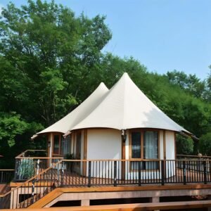 Customized High End Prefab House Hotel Tent Double-Peak Roof Glamping Tent with Tempered Glass Wall PVC Safari Camping Tent